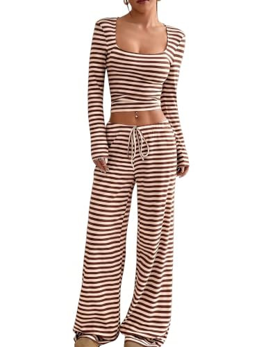 Womens 2 Piece Cute Striped Lounge Set Y2K Slim Fit Long Sleeve Crop Top | Amazon (US)