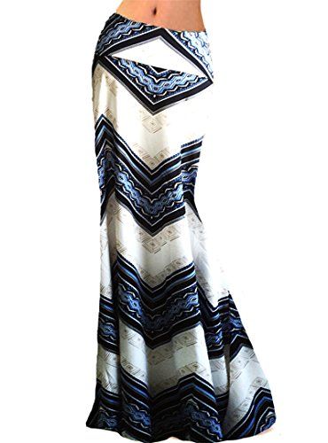 Orfila Women's Multicolored Printed Maxi Skirt High Waist Elastic Long Skirt Beach Dress,Blue and Wh | Amazon (US)