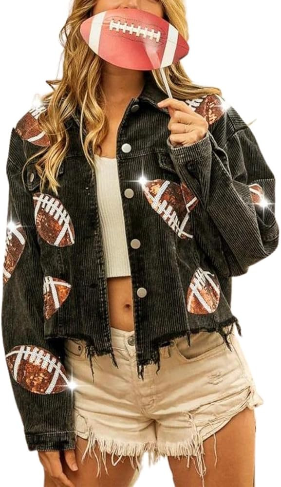 happlan Football Sequin Embroidery Rugby Cropped Frayed Hem Vintage Washed Corduroy Jacket Coat S... | Amazon (US)