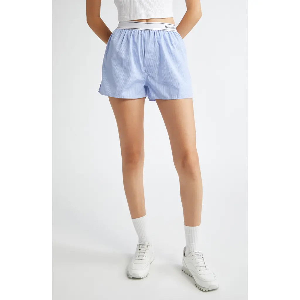 Sporty & Rich Serif Logo Boxer Shorts in Blue/White Thin Stripe at Nordstrom, Size Large | Nordstrom