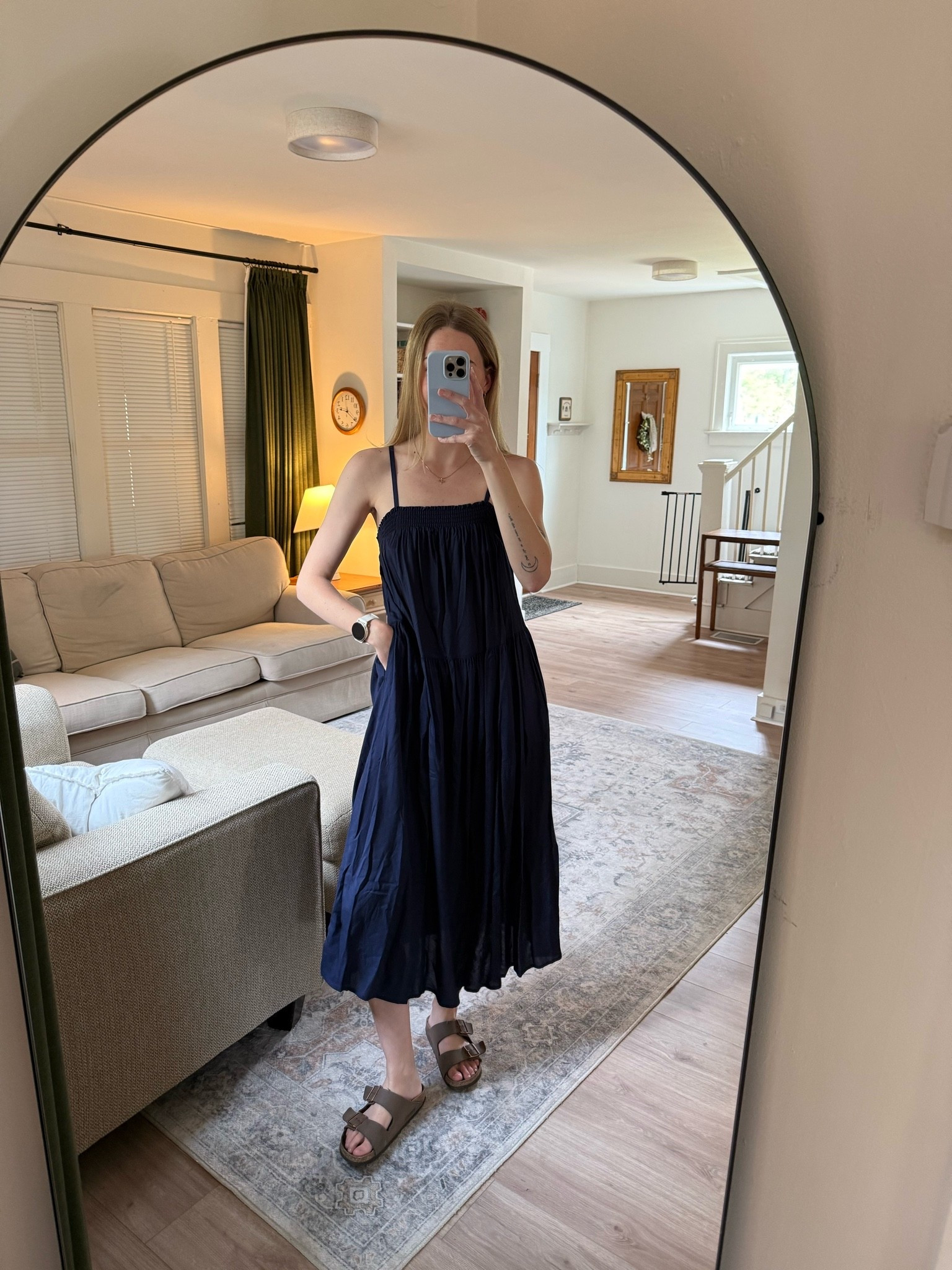 navy blue smocked dress - I’m wearing a medium!!!

#LTKootd #LTKU #LTKSaleAlert