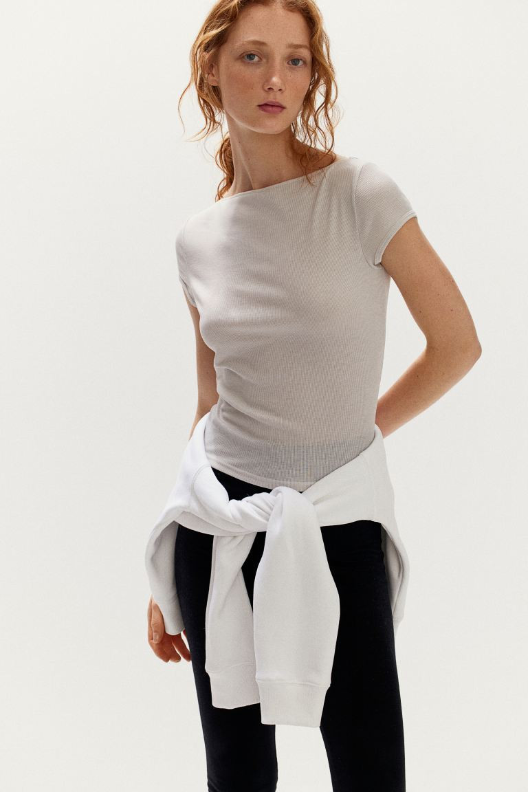 Ribbed T-shirt - Boat Neck - Short sleeve - Light beige - Ladies | H&M US | H&M (US + CA)