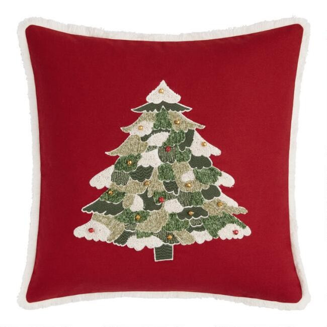 Pier Place Red Embroidered Festive Tree Throw Pillow | World Market