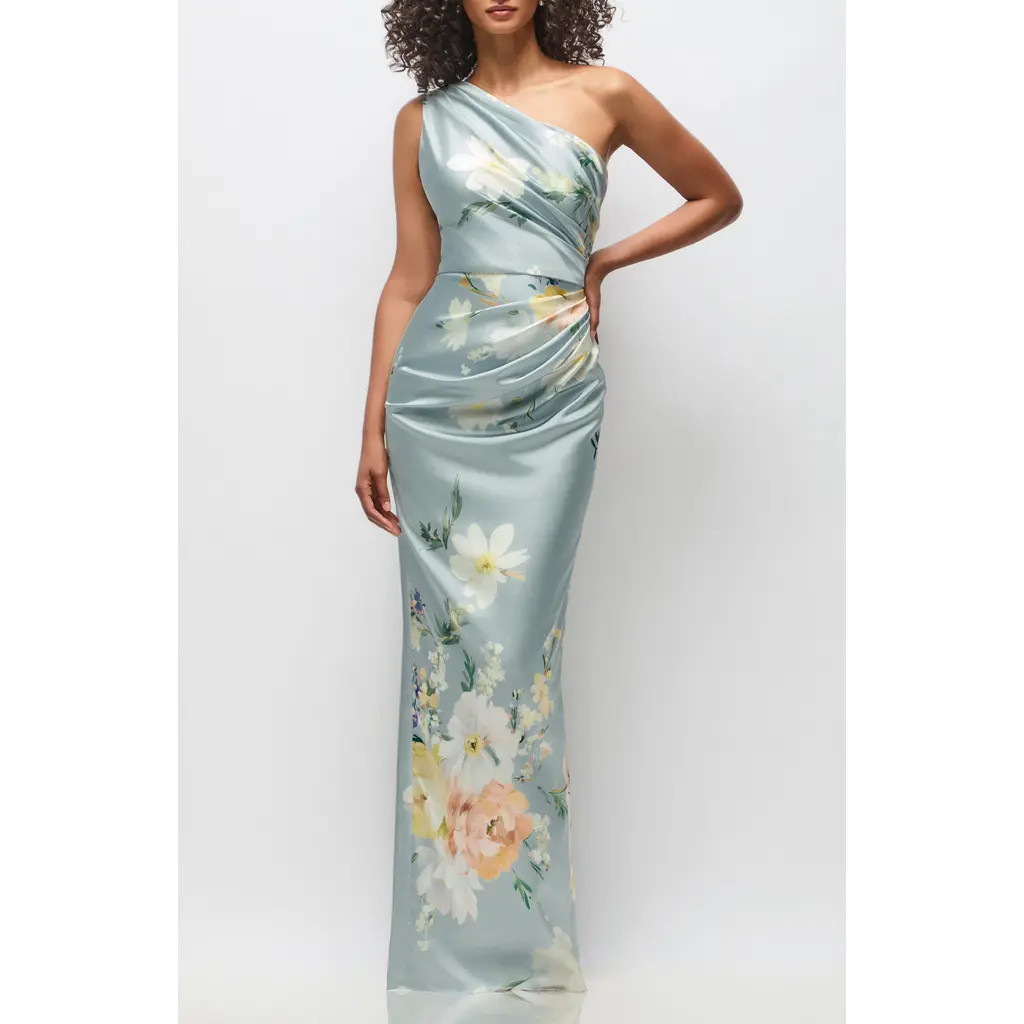 After Six Malin Floral One-Shoulder Satin Charmeuse Gown in Mist Multi at Nordstrom, Size X-Small | Nordstrom