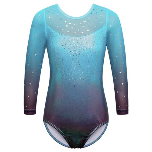 BAOHULU Gymnastics Leotard for Girls Shiny Sequins Mesh Sleeve Practice Dancewear B285_Blue_5A | Amazon (US)