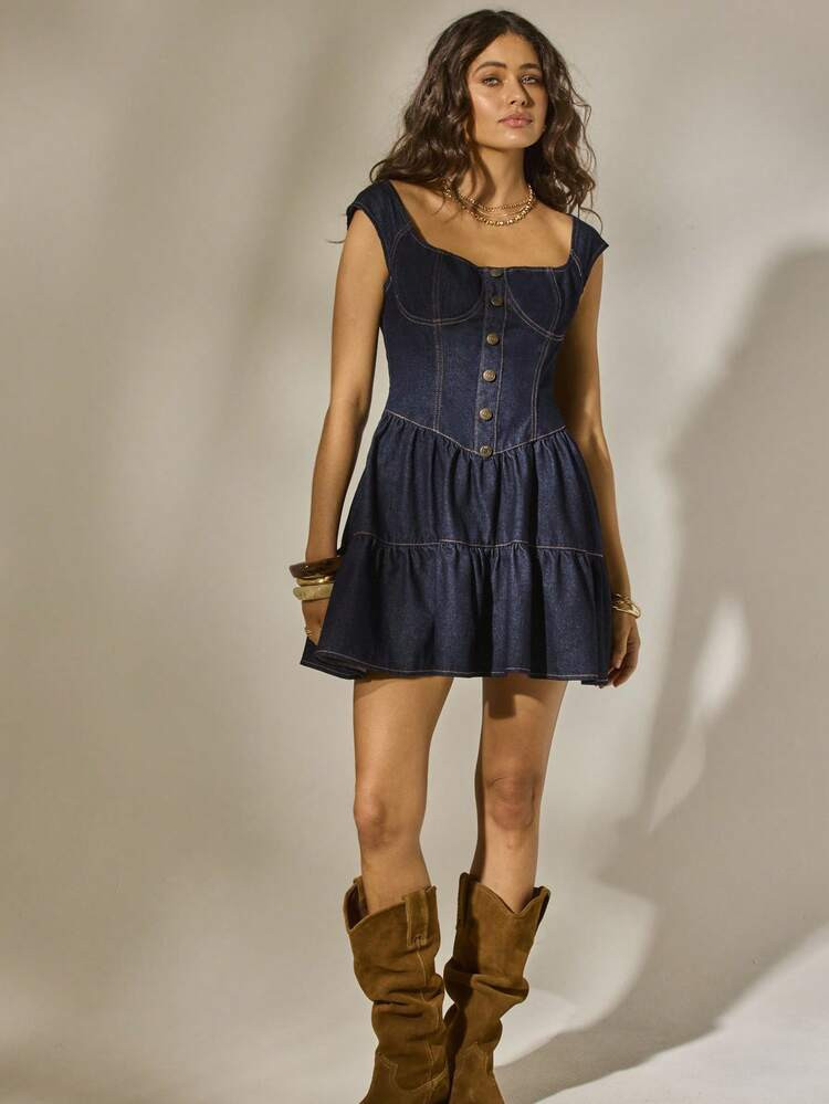 Aralina Summer Fall Winter Cute Y2K Western Stockholm Style Indigo Denim Tiered Mini Dress Country Concert Outfit | SHEIN