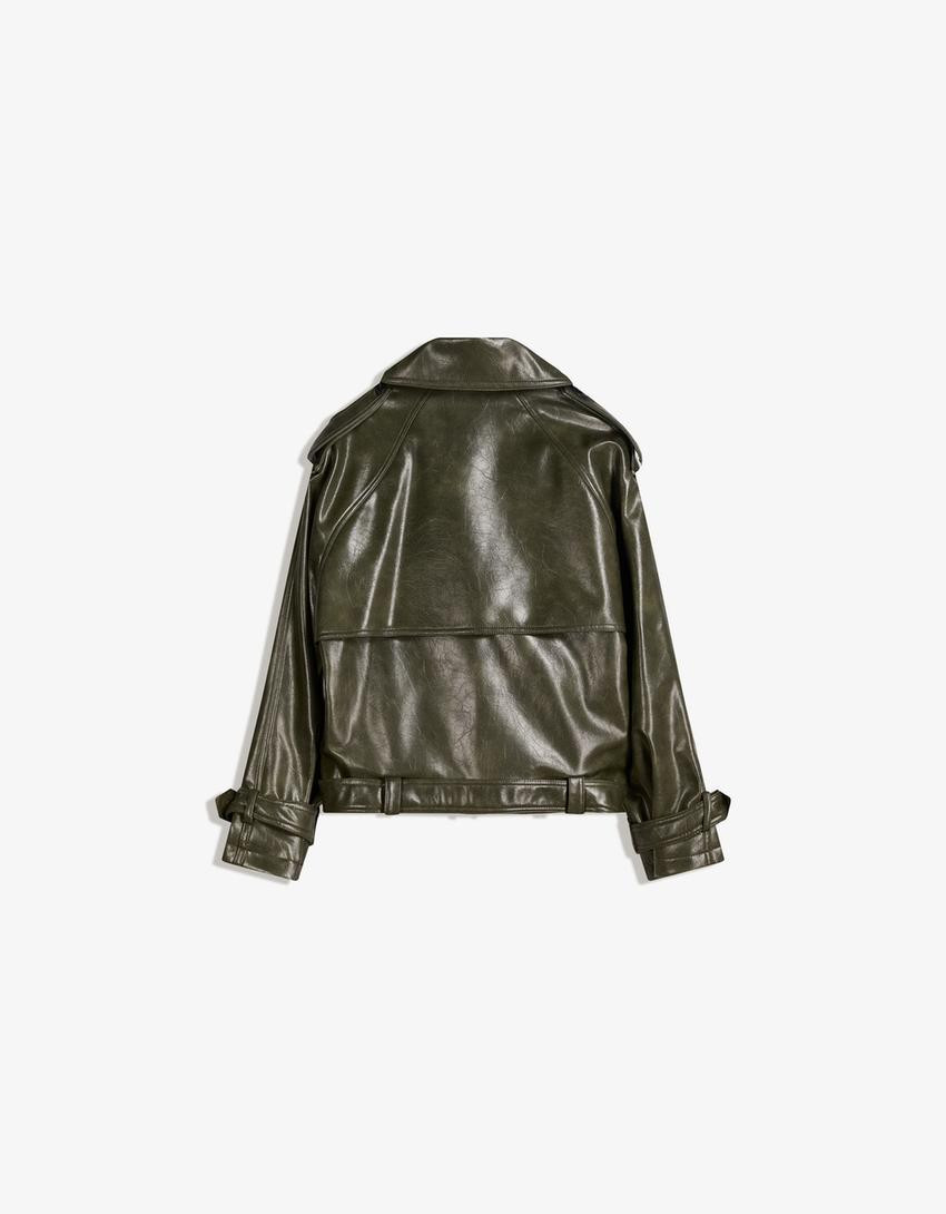 Short leather effect trench jacket - Jackets and trench - Women | Bershka GB