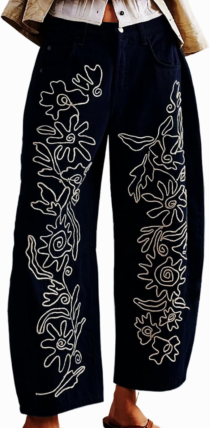 Embroidered Jeans for Women Barrel Pants Baggy Jean Y2k Boyfriend Cheetah Print Mid Rise Denim An... | Amazon (US)