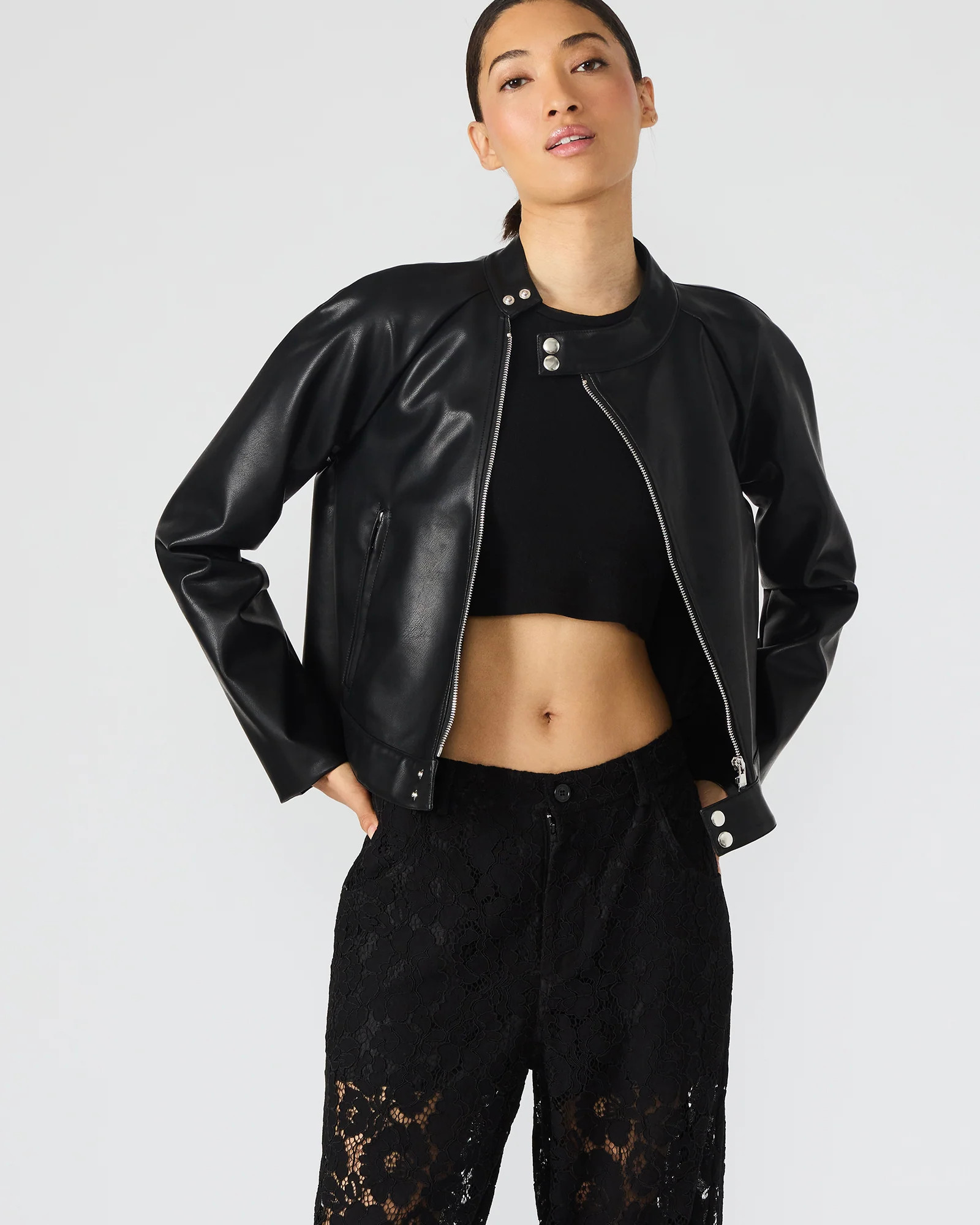 JETT Black Long-Sleeved Faux Leather Zip-Up Women's Jacket | Steve Madden (US)