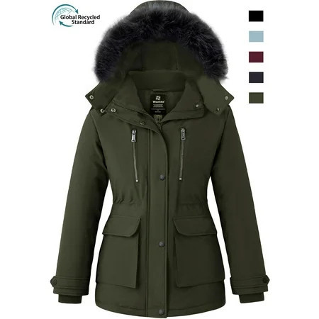 Wantdo Women s Winter Coat Recycled Warm Puffer Jacket Hooded Winter Parka with Detachable Hood Army Green L | Walmart (US)