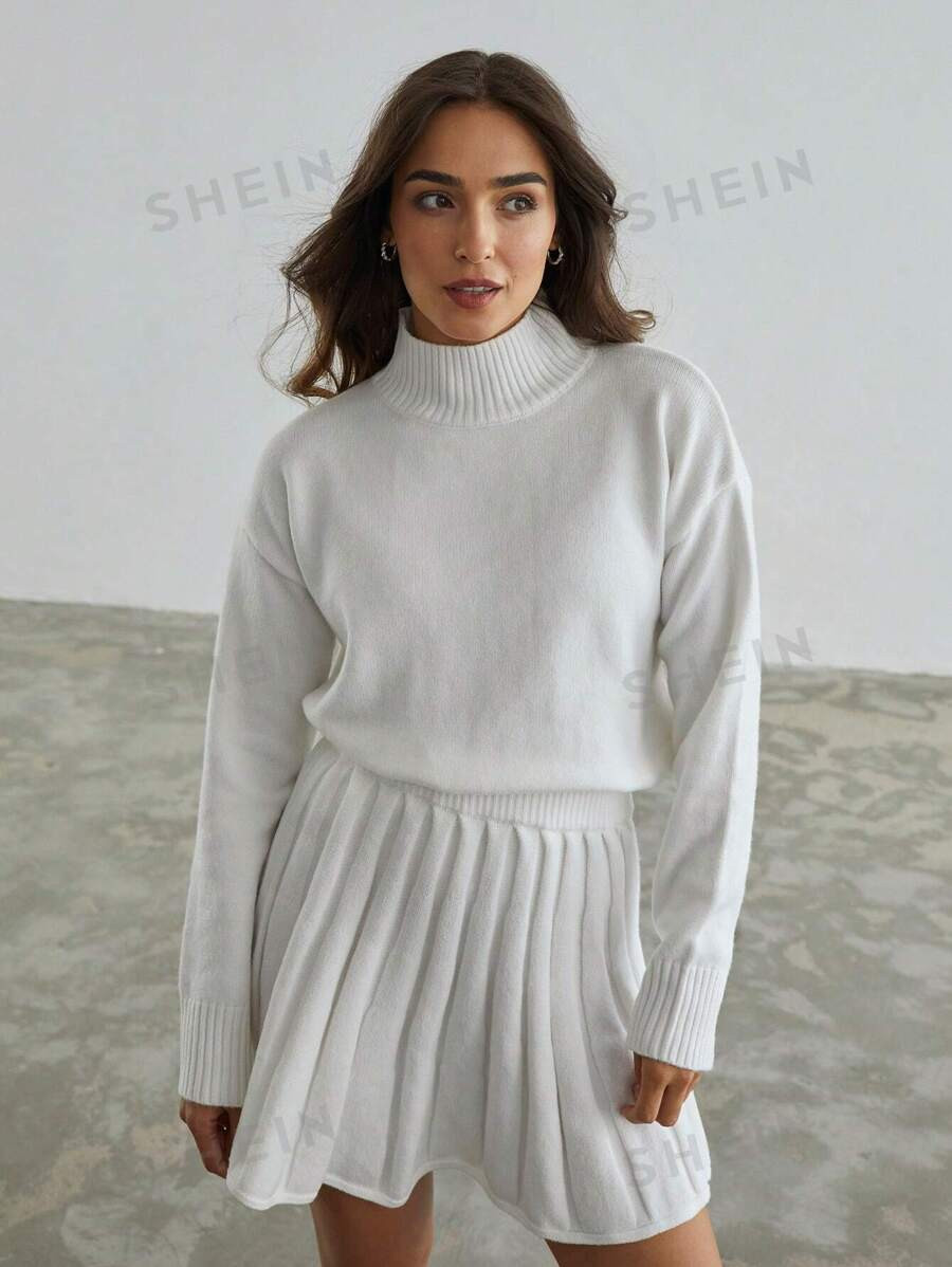 SHEIN X Angie Costa SHEIN Privé 2pcs Women Casual Basic Solid Color High Neck Drop Shoulder Swea... | SHEIN