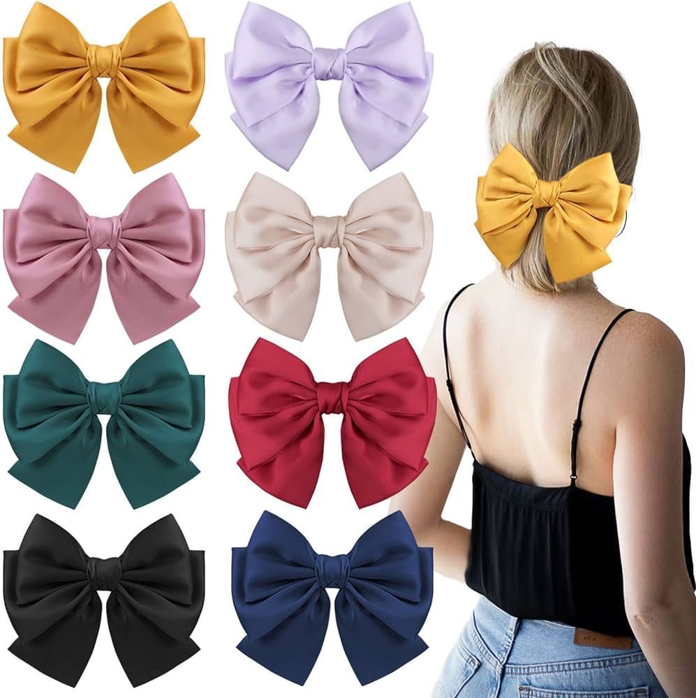 8Pcs Big Satin Layered Hair Bows for Women Girls 7 Inch Barrette Hair Clip Large Ribbon Bows Styl... | Amazon (US)