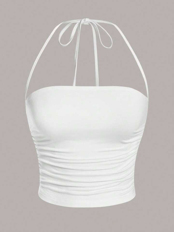 SHEIN EZwear Solid Ruched Halter Top | SHEIN