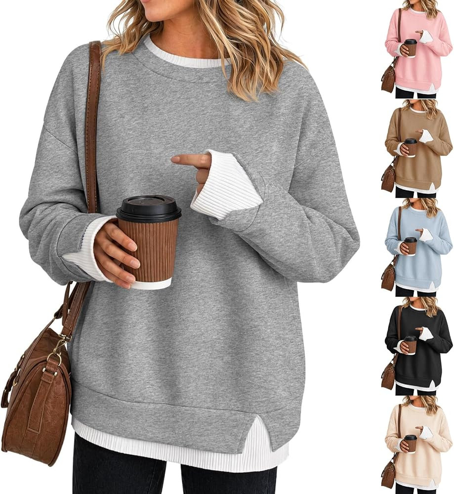 Crew Neck Sweatshirts Women Faux Layered Y2k Pullover Sweatshirts | Amazon (US)
