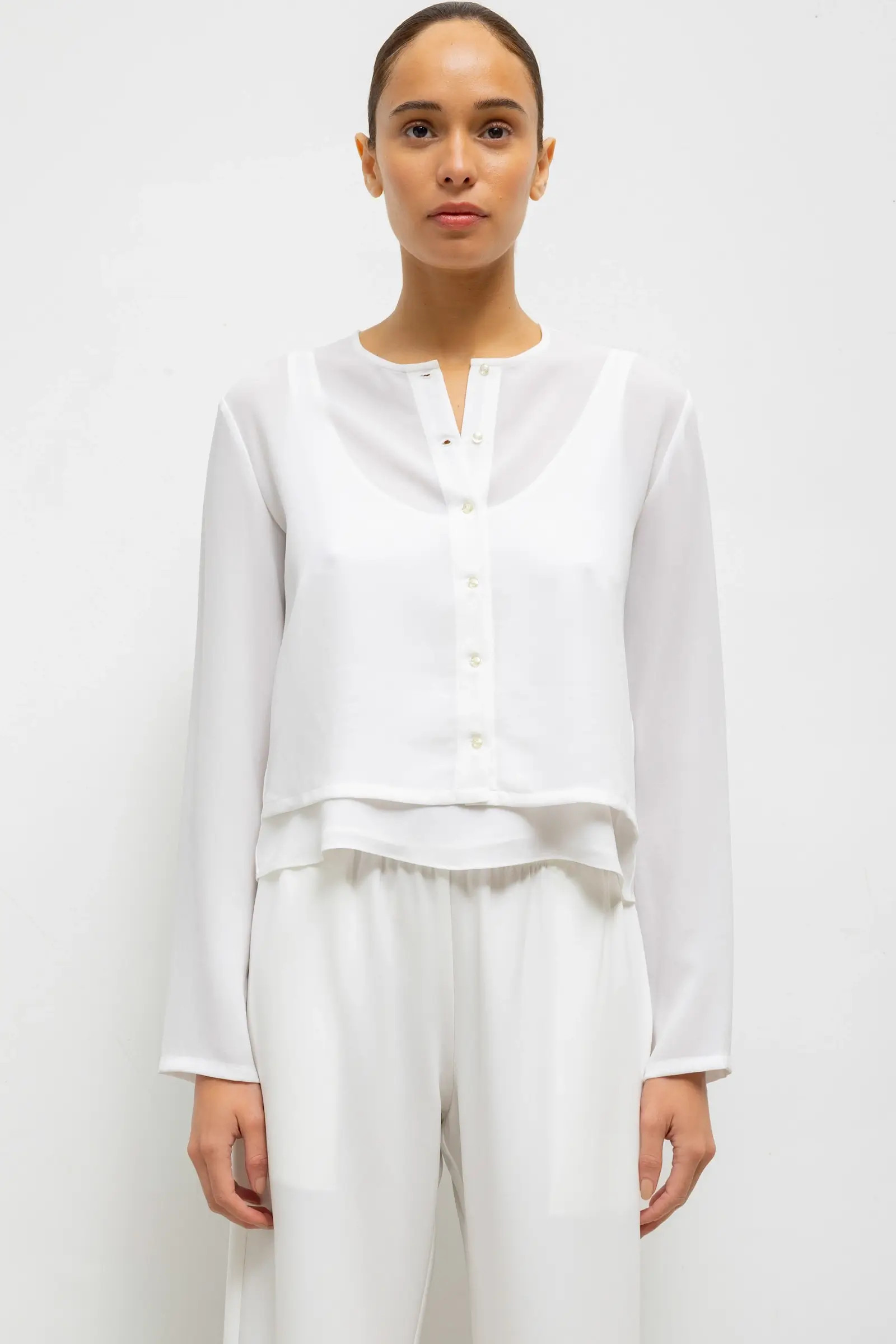 LESET Ari Crop Cardigan in Ice in Crepe | LESET