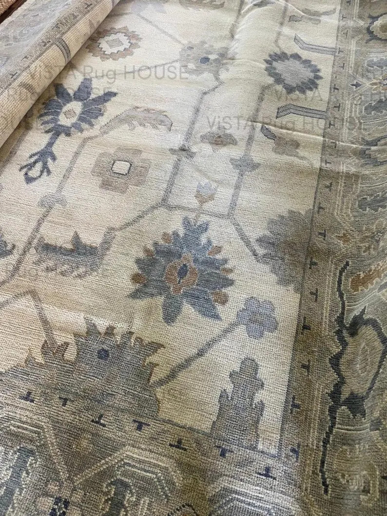 Hand Knotted Wool Oushak Rug: Blue Beige Floral, Soft Pile | Etsy (Global)