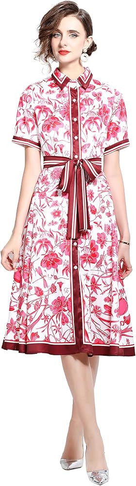 LAI MENG FIVE CATS Women's Summer Short Sleeve Collar Button Floral Print Belt Casual Midi Dress | Amazon (US)
