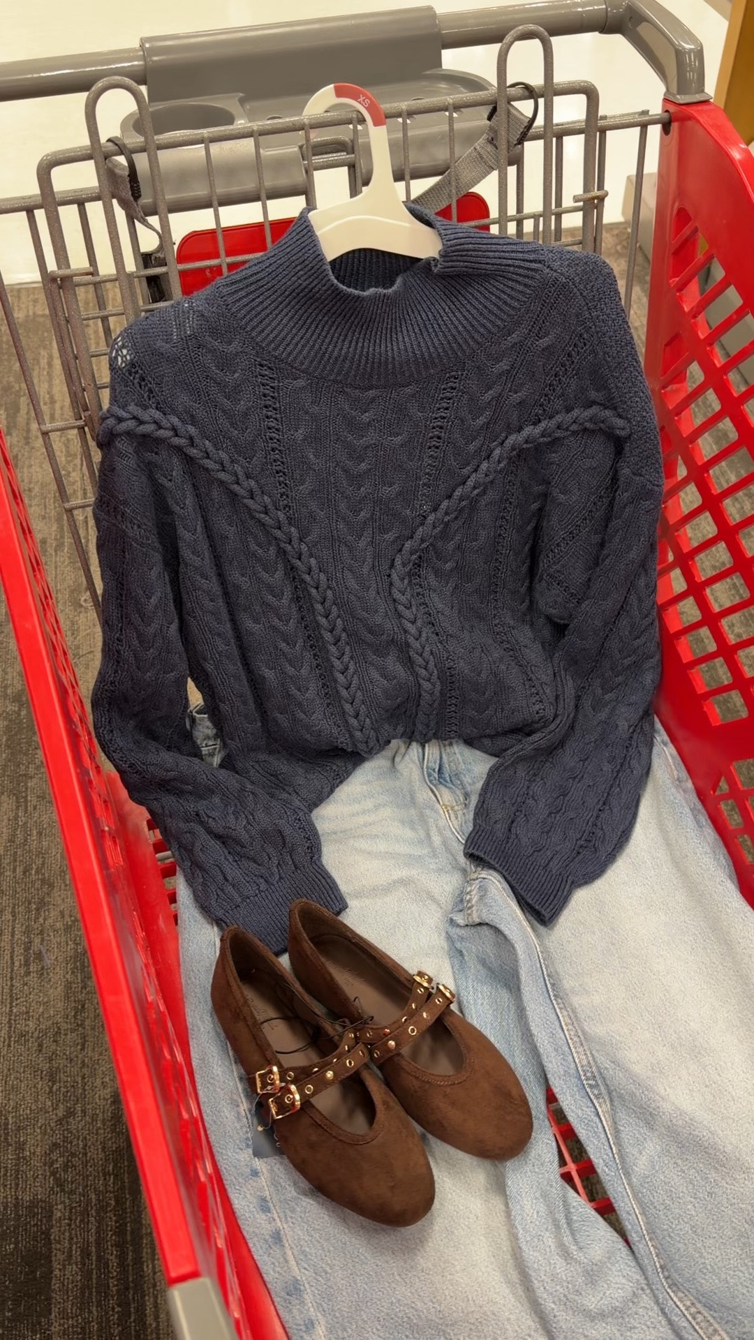 Target fall outfit idea with this cable knit sweater in navy and barrel jeans, chocolate brown Mary Jane flats (dolce vita look for less). #targetstyle

#LTKootd