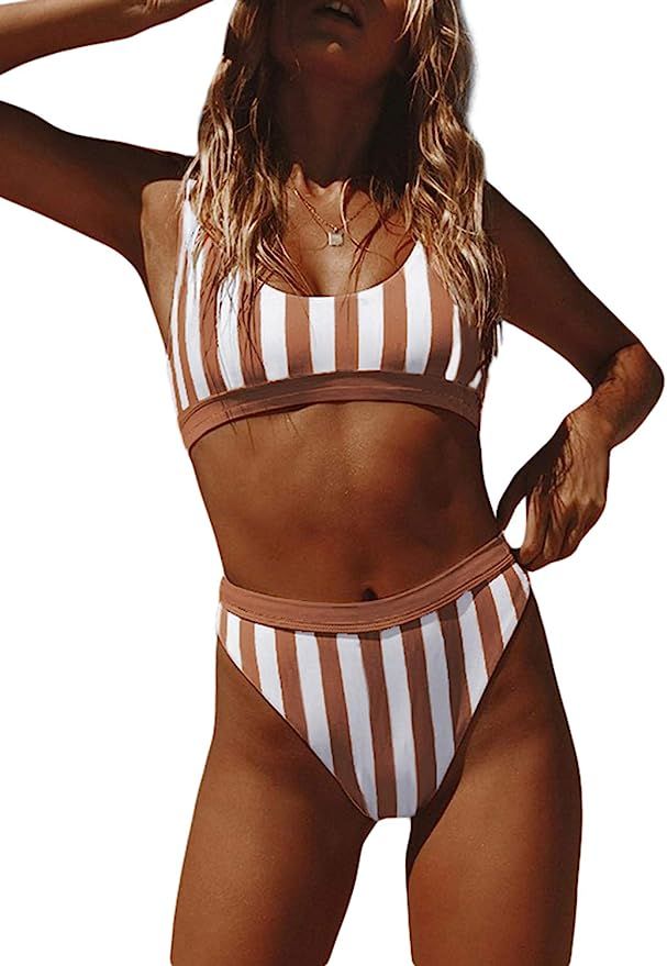 Aleumdr Women's Crop Top Striped Printed High Waisted Cheeky Bikini Set Two Piece Swimsuits | Amazon (US)