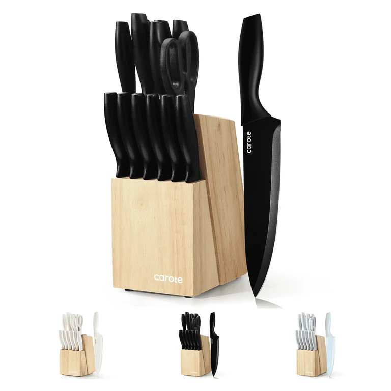 Carote 15-Piece Premium Kitchen Knife Set, Black Ceramic-Coated Blades with Stylish Wooden Block | Walmart (US)