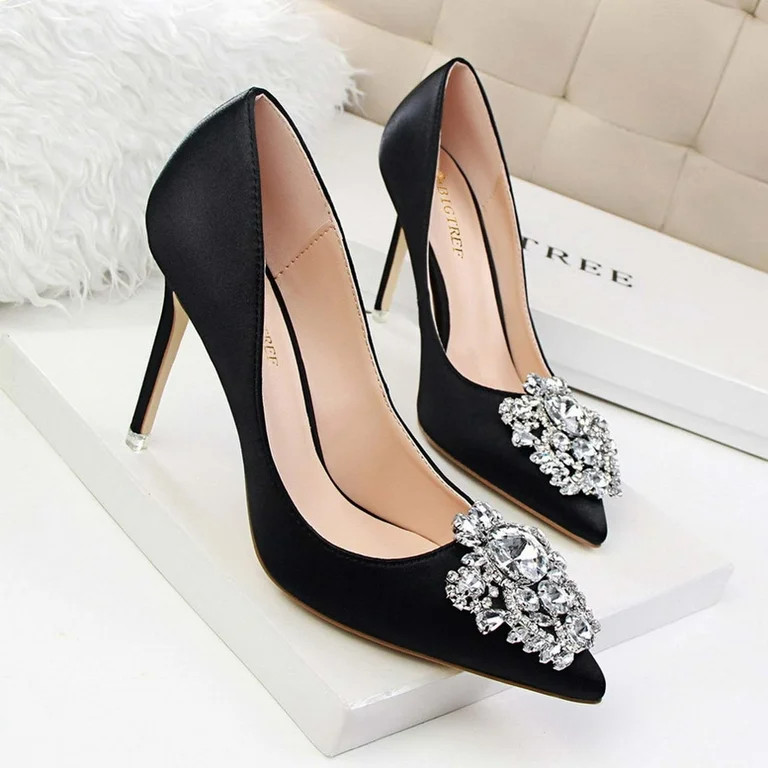 Juebong Women Pumps Elegant Rhinestone High Heels Shoes Sexy Thin Pointed Single Shoes,Black Size... | Walmart (US)