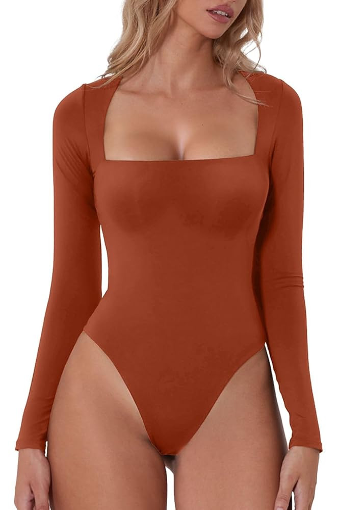 QINSEN Women's Sexy Square Neck Bodysuit Long Sleeve Double Lined Shirt Tops | Amazon (US)