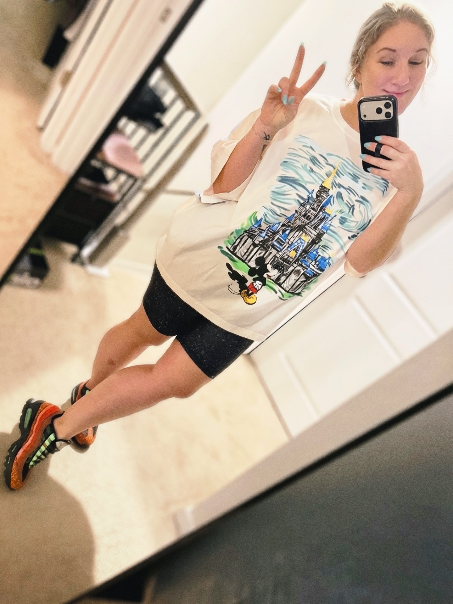 Things that make me happy (Tues Edition):

1. Planning new outfits for the next @disneyparks trip 

2. Trying on smaller size shorts, realizing they fit and damn near tearing up because I never thought I’d wear shorts this short ever again 🥹 

3. Obsessing over this shirt 💚 

#disneymom #disneyaddict #disneyadult #momsover40 #oldnavystyle