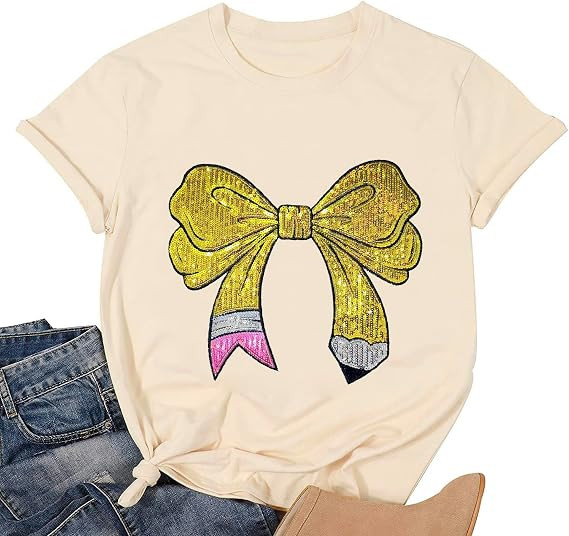 Teacher Shirt for Women Sequin Teacher Pencil Bow Tshirt Teacher Life Tee | First Day of School S... | Amazon (US)