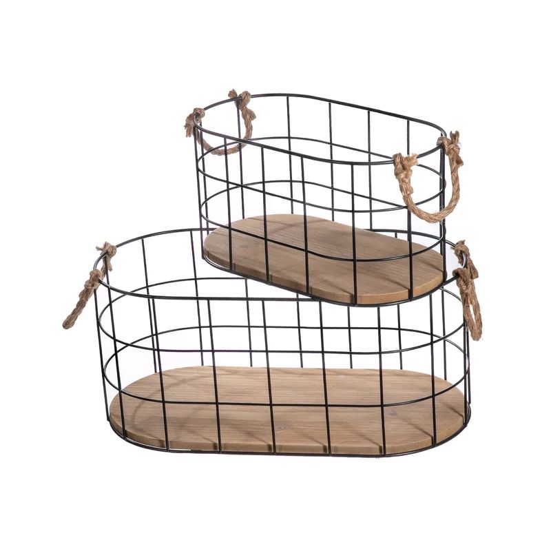Metal Grid Wire Basket With Wooden Base (Set Of 2) | Wayfair North America