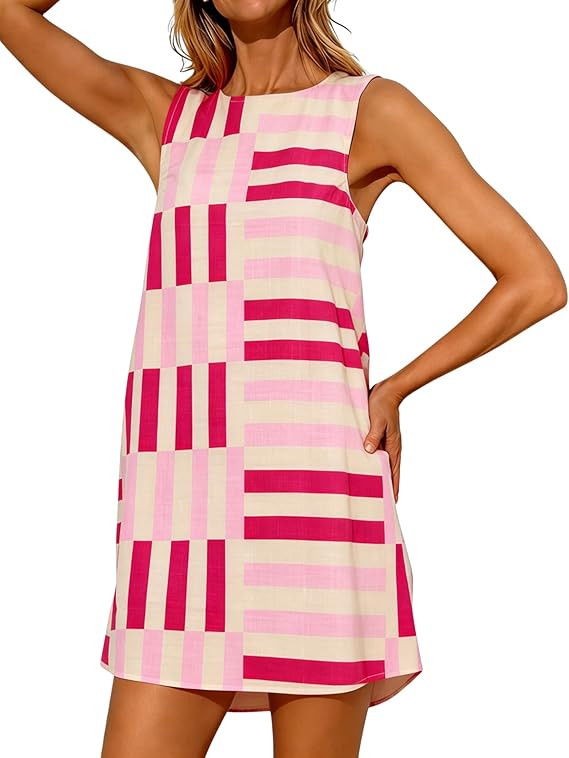 Freyhem Womens Summer Boho A-Line Mini Dress Casual Color Block Sundress Sleeveless Beach Vacatio... | Amazon (US)