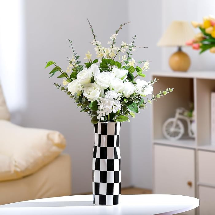 Black and White Checkered Vase Large 11.25 Inch Height Modern Checkered Decor Ceramic Black and W... | Amazon (US)