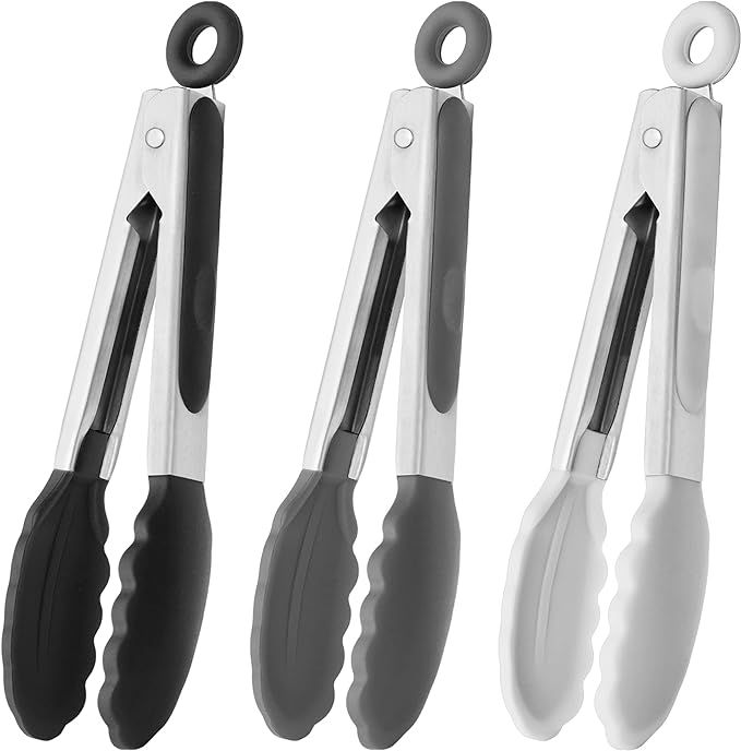 Small Silicone Tongs 7-Inch Mini Serving Tongs, Set of 3 (Black Gray White) | Amazon (US)