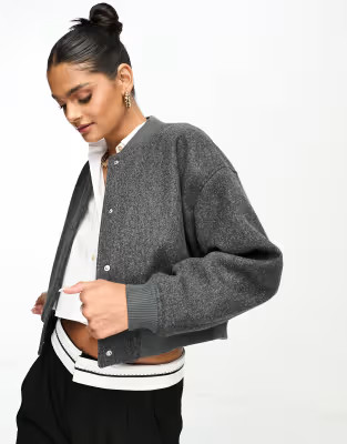 Stradivarius brushed bomber jacket in dark grey | ASOS (Global)