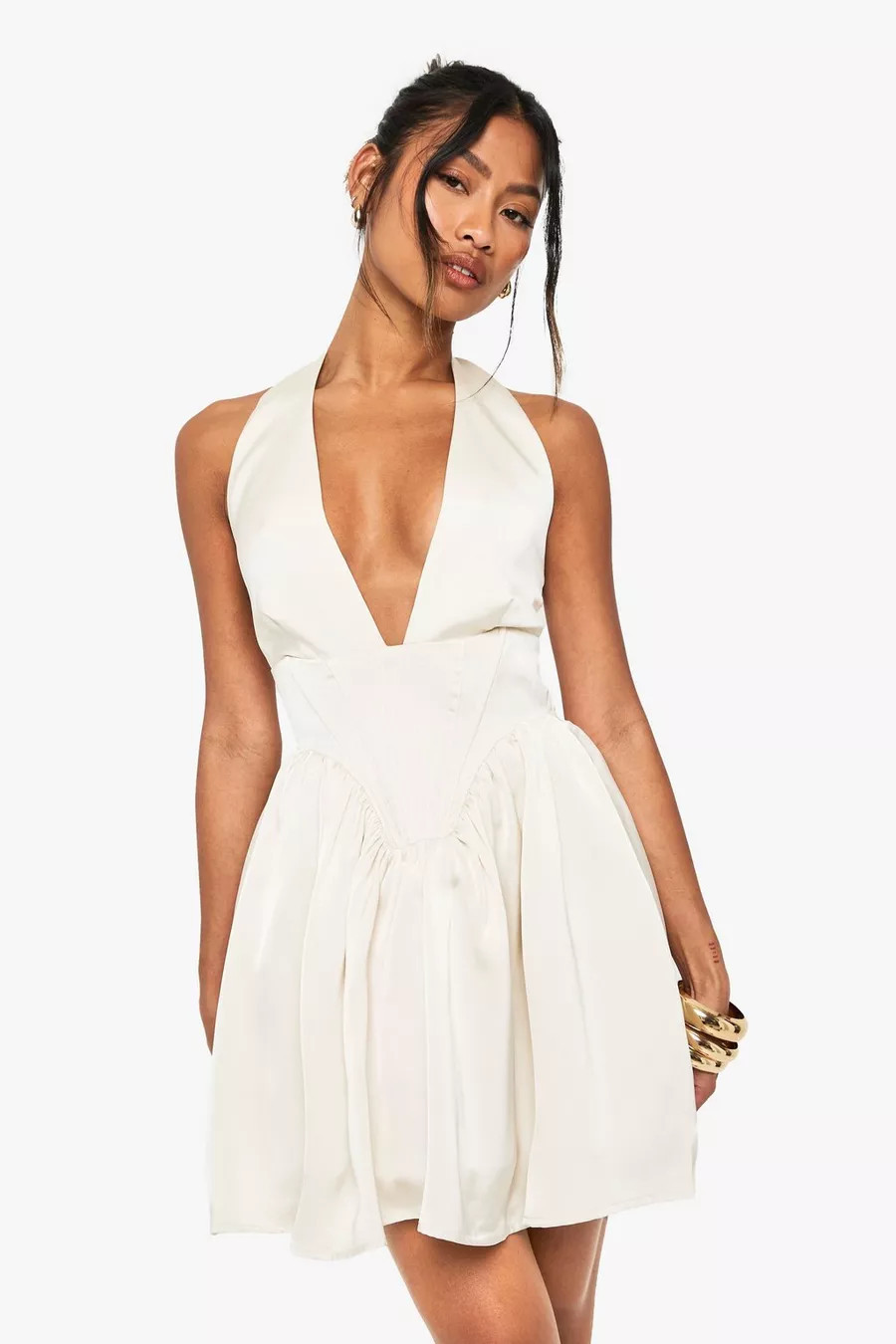 Satin Halterneck Boned Detail Volume Mini Dress | boohoo (US & Canada)