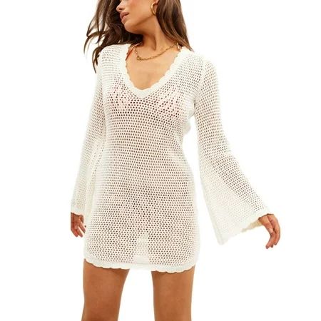 Liangchengmei Crochet Cover Ups for Women Hollow Out Long Sleeve Bikini Swimsuit Swimwear Backless Beach Mini Dress | Walmart (US)
