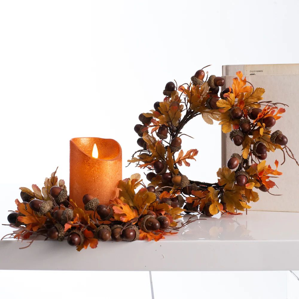 Autumn Leaves & Acorn Fall Mini Wreath Centerpiece Candle Ring Set of 2 | Darby Creek Trading