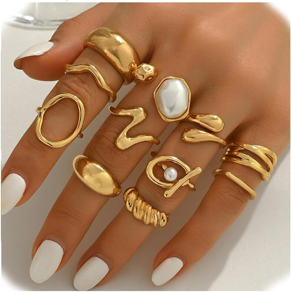 UYY Chunky Gold Rings for Women Non Tarnish, Baroque Pearl Flower Tiger's Eye Stone Rings Adjusta... | Amazon (US)
