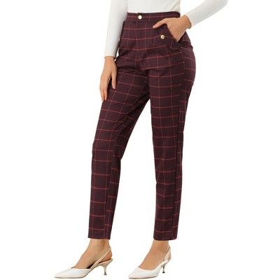 Allegra K Women's Plaid Elastic High Waist Straight Long Trousers | Target