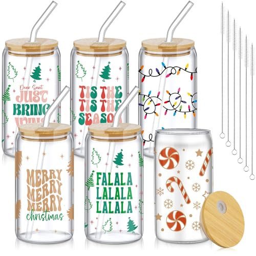 SiliFine 6 Pcs Christmas Glasses 16 oz Xmas Glass Cups with Lid and Straw Can Shaped Beer Tumbler Christmas Appreciation Gifts for Women Teenager Birthday Party Favor | Amazon (US)
