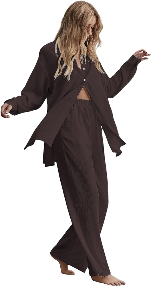 Floerns Women's 2 Piece Outfits Slit Hem Longline Blouse and Wide Leg Pants Set | Amazon (US)