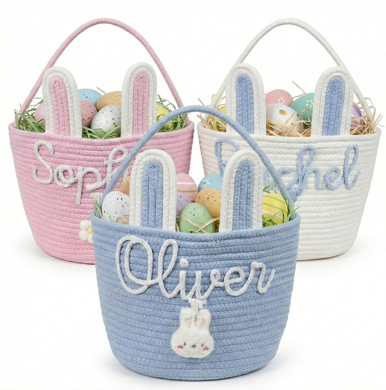 MBBEST Personalized Easter Bunny Basket - Custom 3D Name Cotton Rope Easter Bucket with Cute Ears... | Amazon (US)