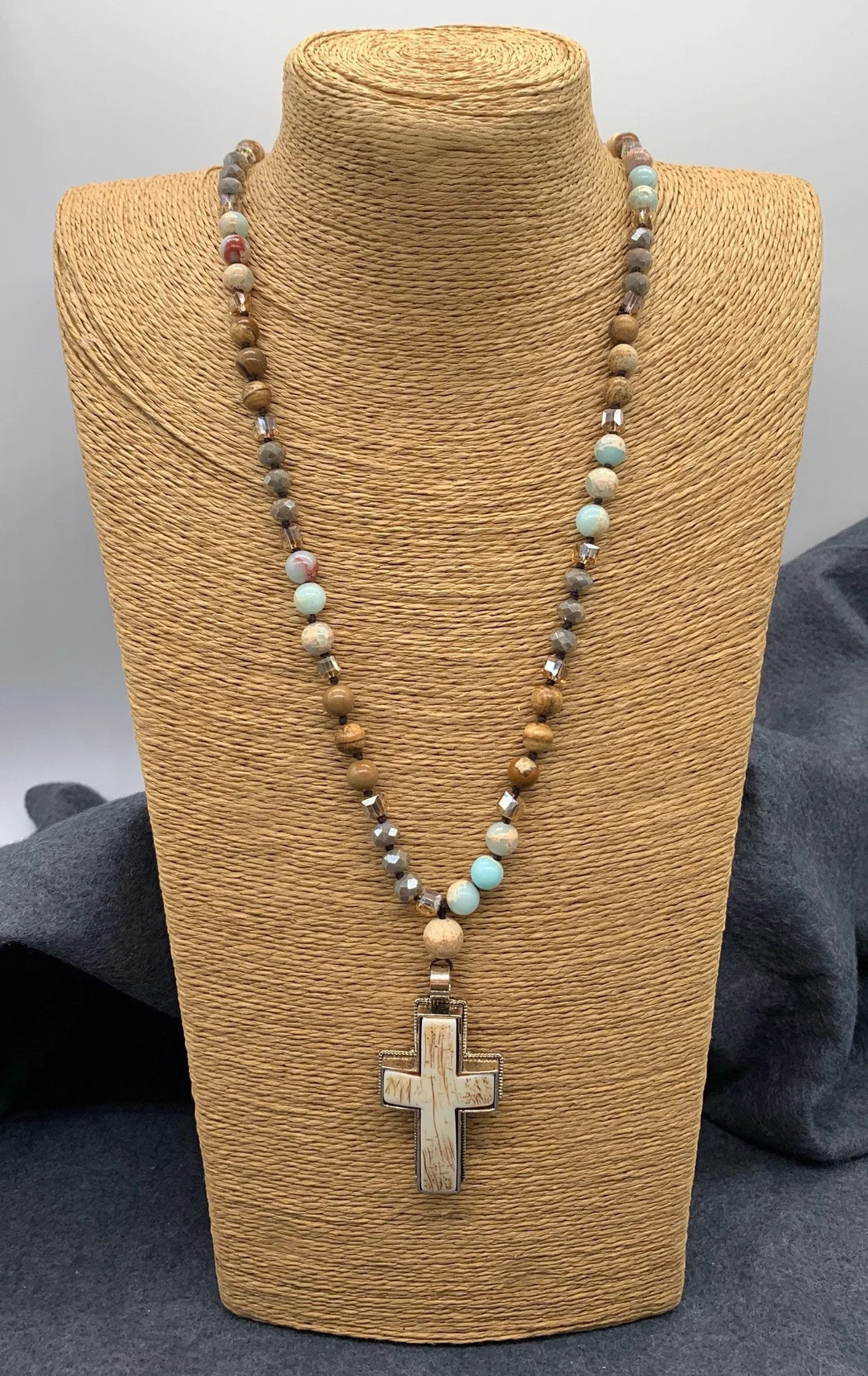 Bohemian Knotted Stone Bead Necklace with Cross Pendant | Etsy (US)