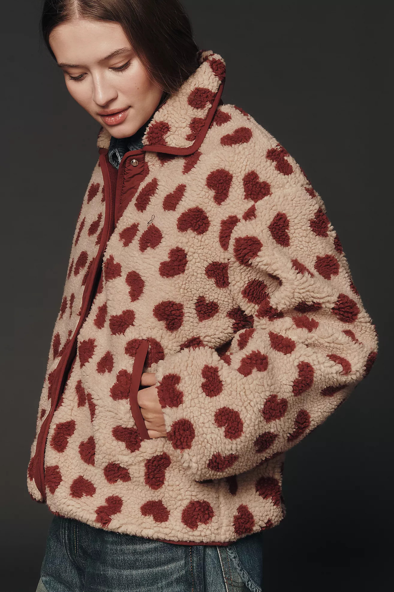 Maeve Heart-Print Sherpa Fleece Jacket | Anthropologie (US)