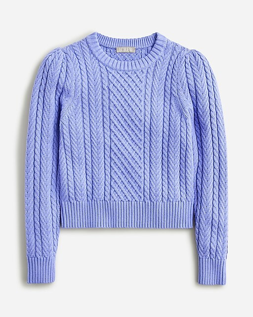 Cable-knit puff-sleeve crewneck sweater | J. Crew US
