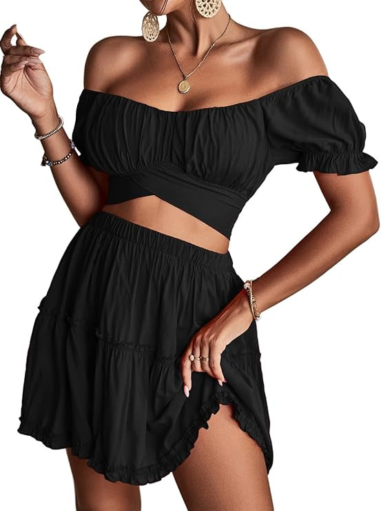 LYANER Women's 2 Piece Outfits Floral Off Shoulder Tie Up Crop Top and Mini Skirt Set | Amazon (US)