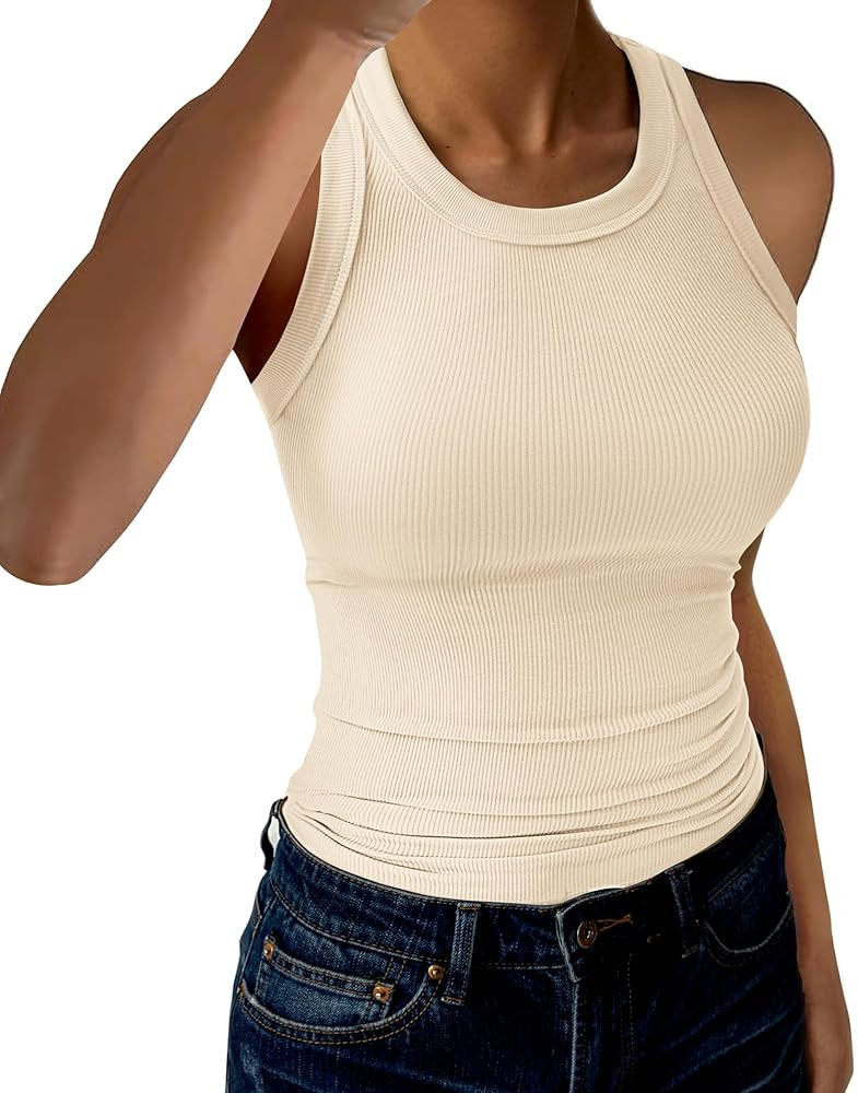 Womens Tank Tops High Neck Sleeveless Ribbed Tank Casual Basic Thick Strap Slim Fitted Racerback ... | Amazon (US)