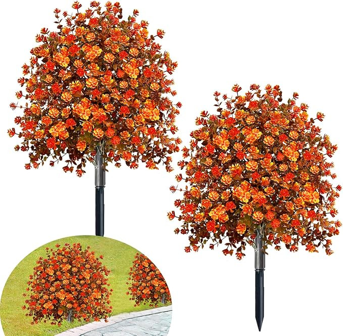 2 Pack Artificial Boxwood Topiary Ball Trees with Fall Flowers & Ground Spikes for Outdoor, UV Re... | Amazon (US)