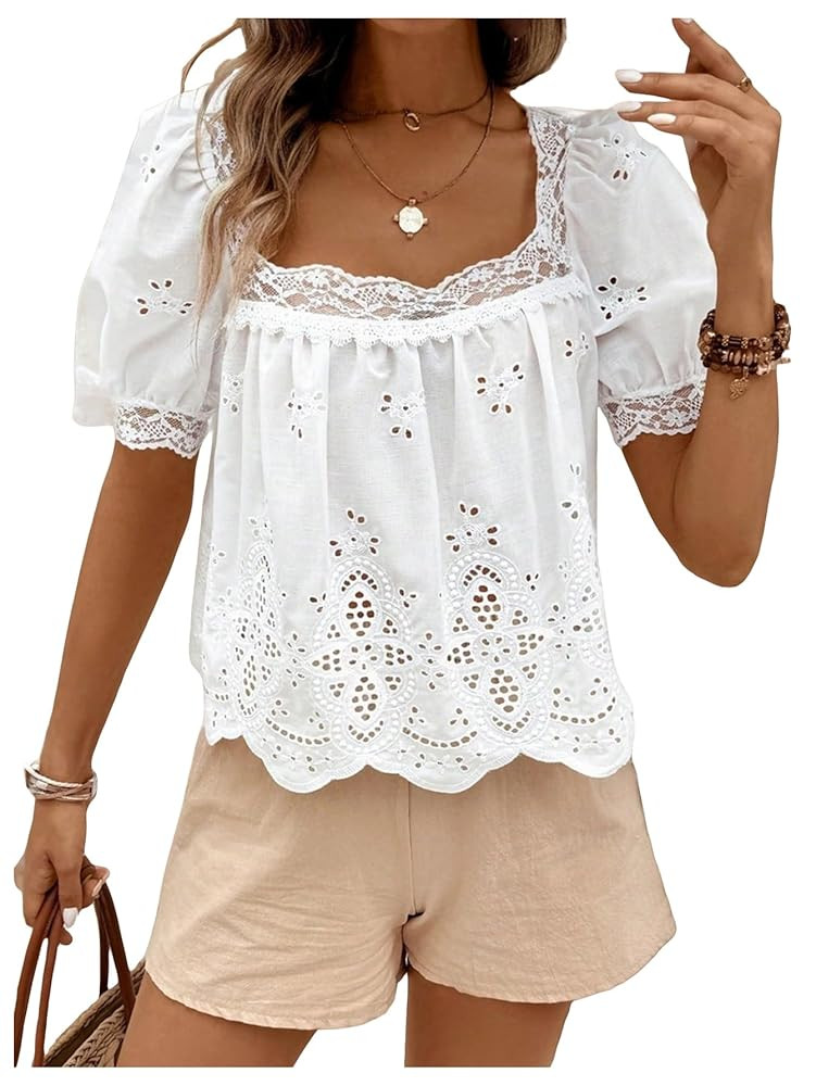 SweatyRocks Women's Square Neck Puff Sleeve Eyelet Lace Hollow Out Embroidered Top Blouse | Amazon (US)