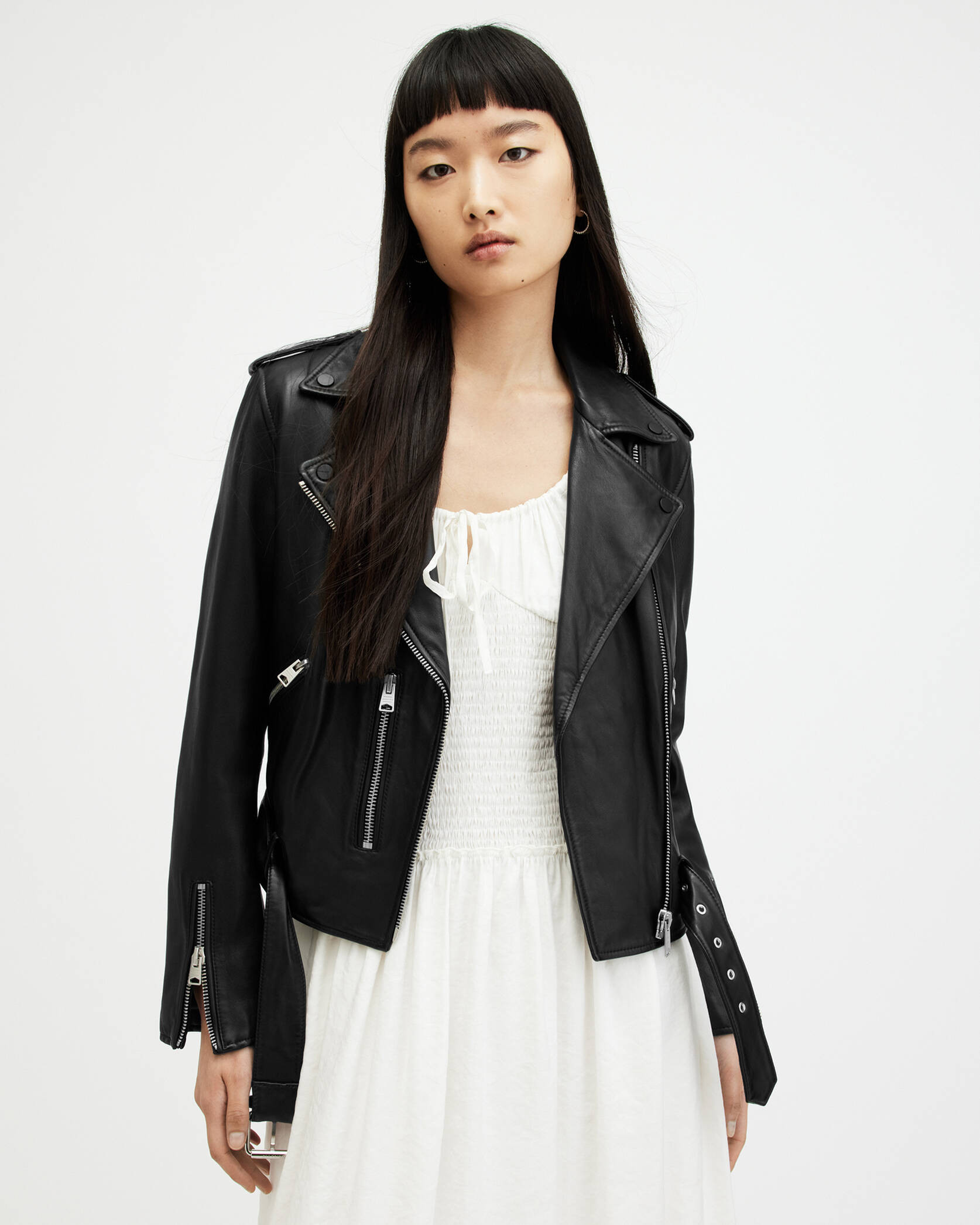 Balfern Belted Hem Leather Biker Jacket Black | ALLSAINTS US | AllSaints US