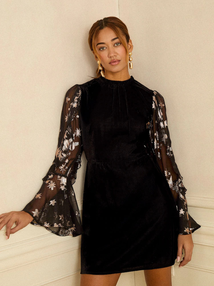 Love & Roses Black Cosmic Metallic Sleeve Velvet Mini Dress | Next EU